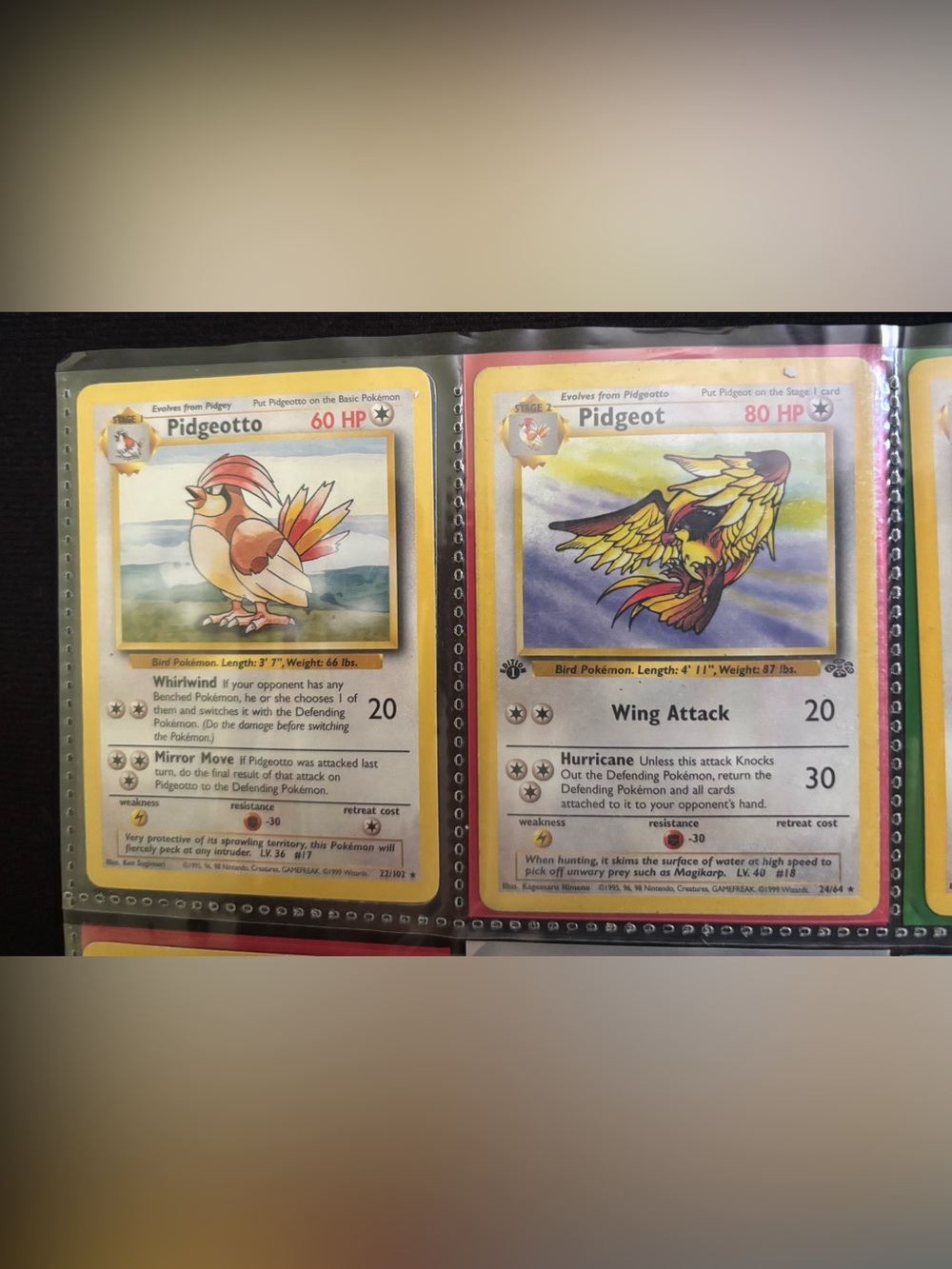 Pokemon Yellow 1st ed Pidgeot Trading Cards with Red and Blue Accents